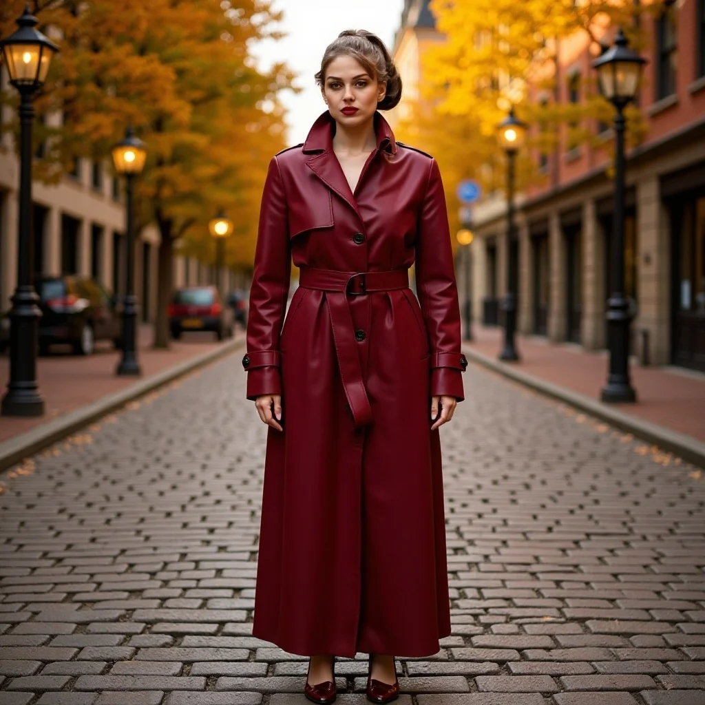 Autumn/winter Women's Retro PU Belt Wine Red Long Trench Coat Elegant Sexy High-street Slim-fit Windproof Lapel Leather Outwear