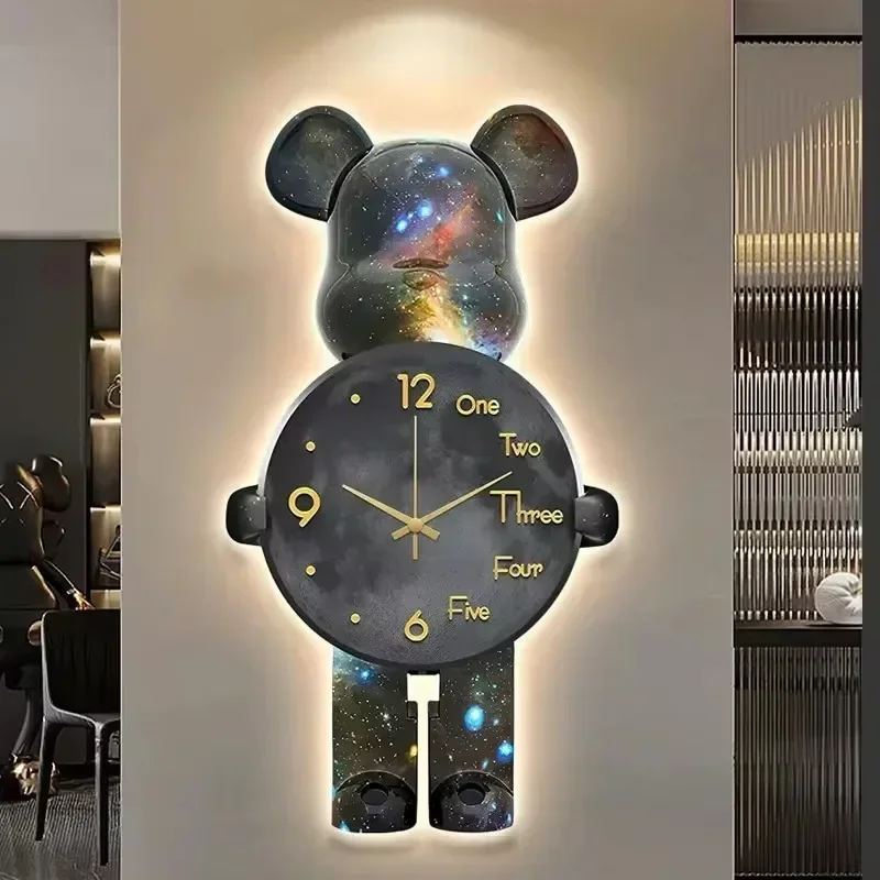 Aesthetic Bear Wall Clocks LED Lamp Bear Wall Silent Light Clock Luxurious Unique Living Room Porch Decor Interior Ornament