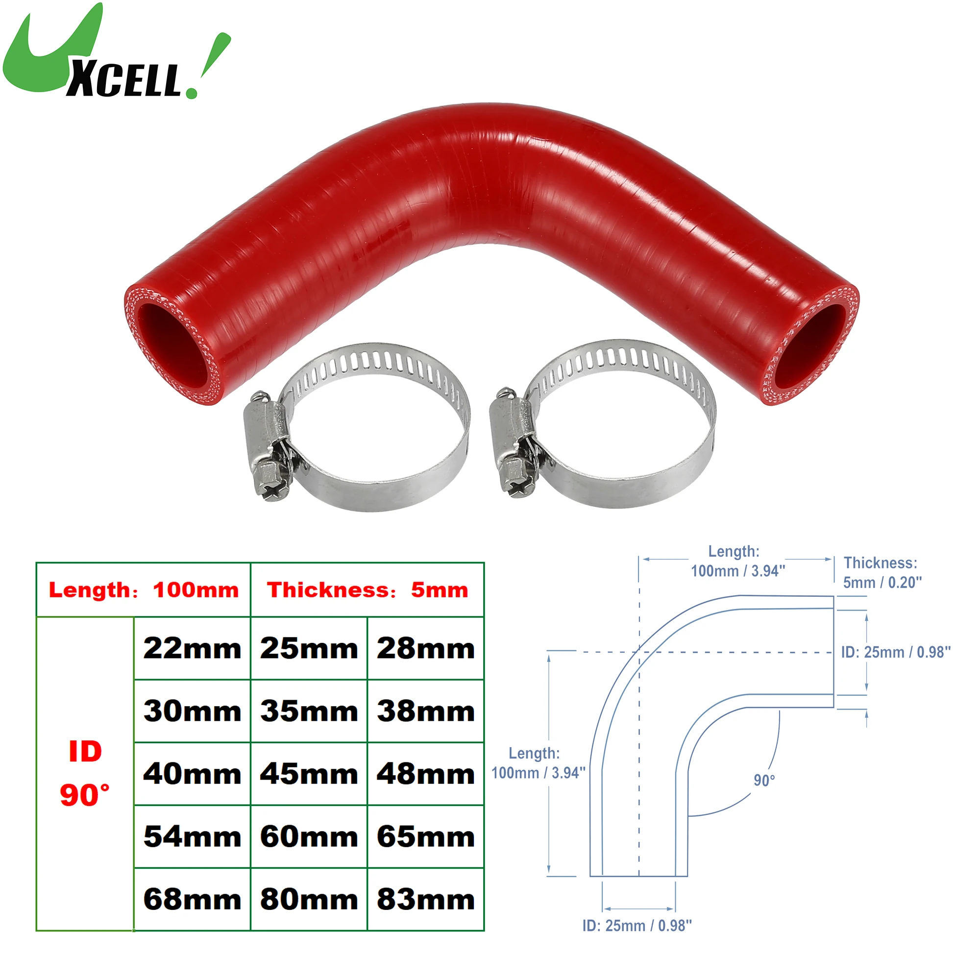 

UXCELL 1 Set 22mm 25mm 28mm 35mm 40mm 54mm-83mm ID 100mm Length 90 Degrees Car Silicone Hose Coolant Hose with Clamps Red