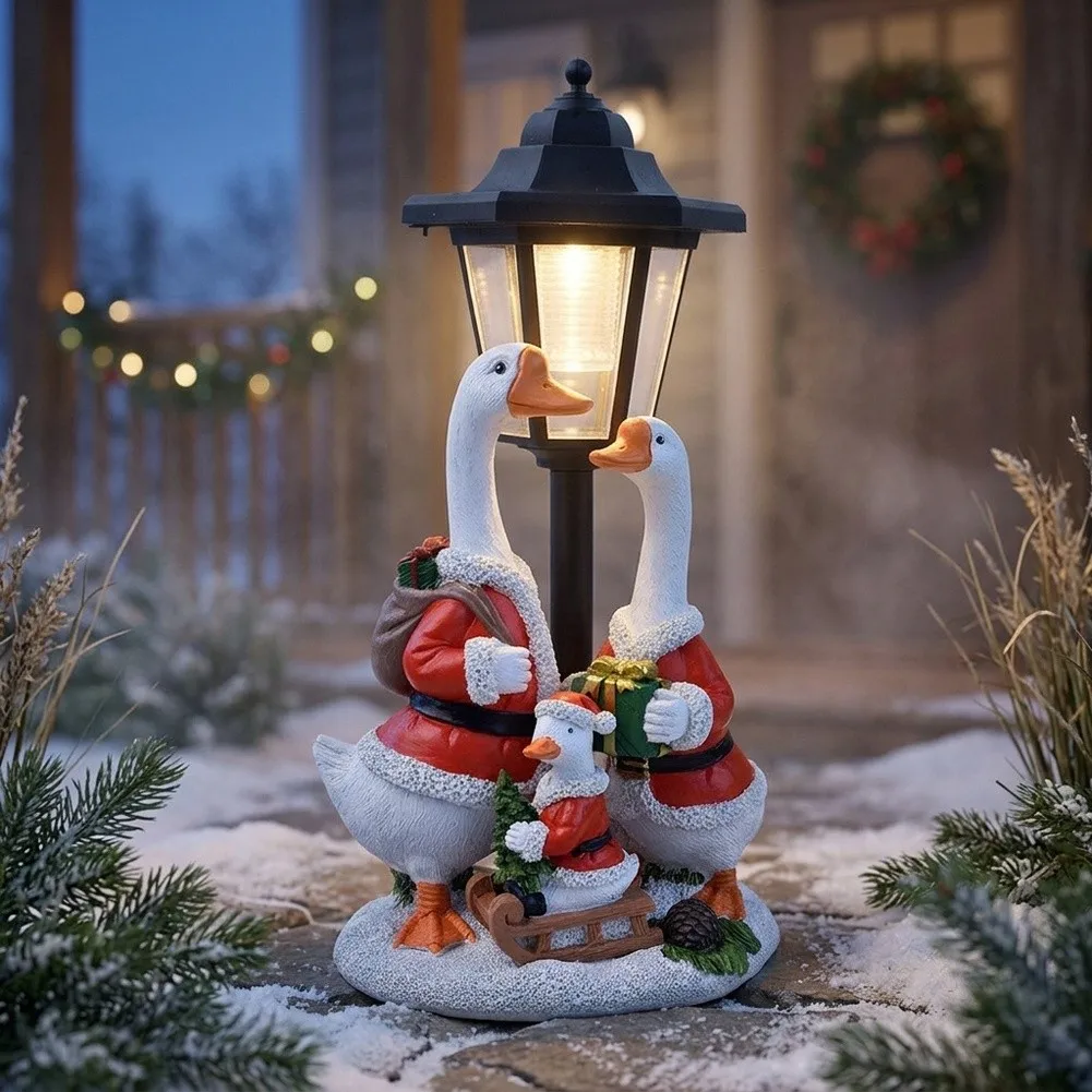 White Resin Solar Powered Goose Figure in Santa Attire for Outdoor Indoor Holiday Decor Garden Patio Porch 16x11.3x31.5cm