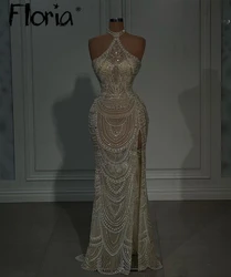 Sparkly Beaded Halter Party Dress Dubai Fashion Side Slit Wedding Night Gown Arabic Evening Dress Mermaid Long Celebrity Dress