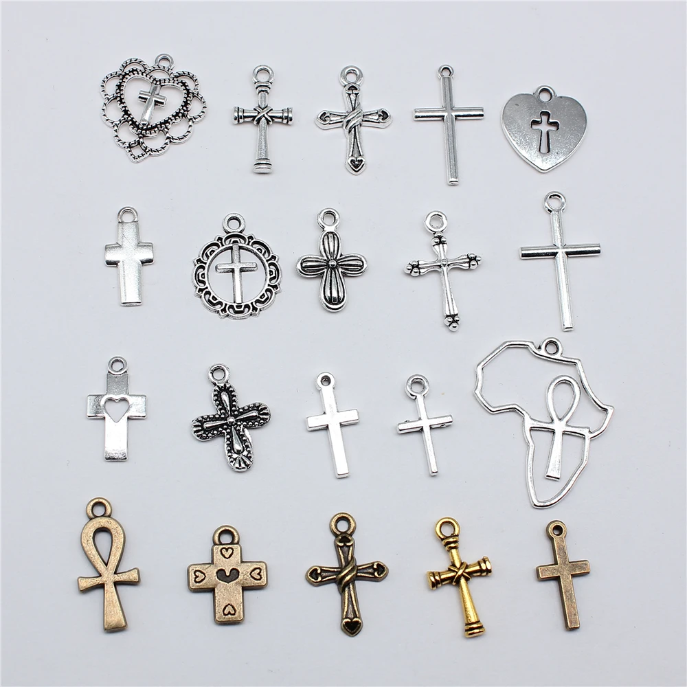 20pcs Cross Charms Handmade Pendant Making Fit Vintage Tibetan Bronze Silver Color DIY For Bracelet Necklace