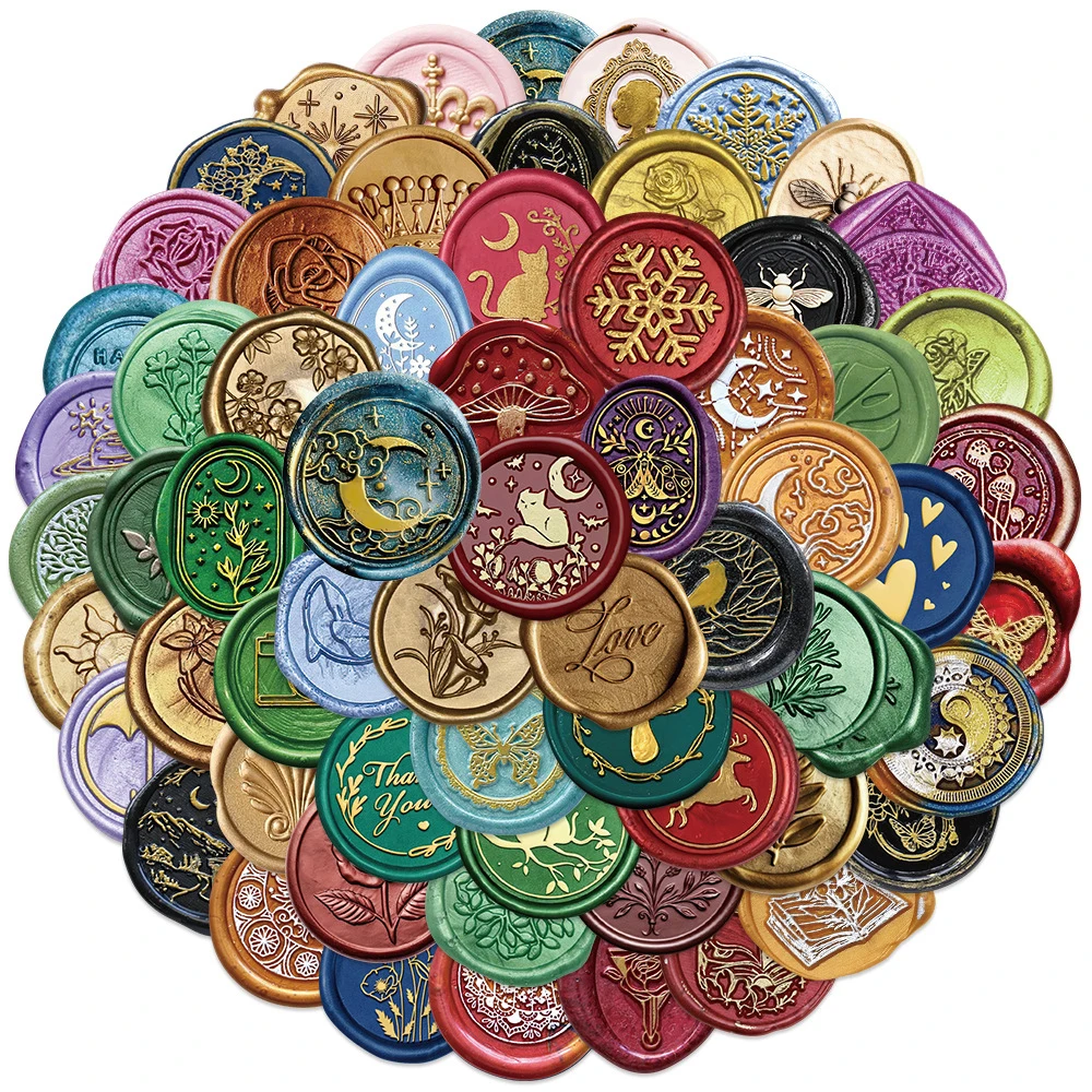 10/30/64pcs Vintage Wax Seal Pattern Cartoon Stickers Aesthetic Waterproof Graffiti Notebook Retro Decoration Sticker Pack