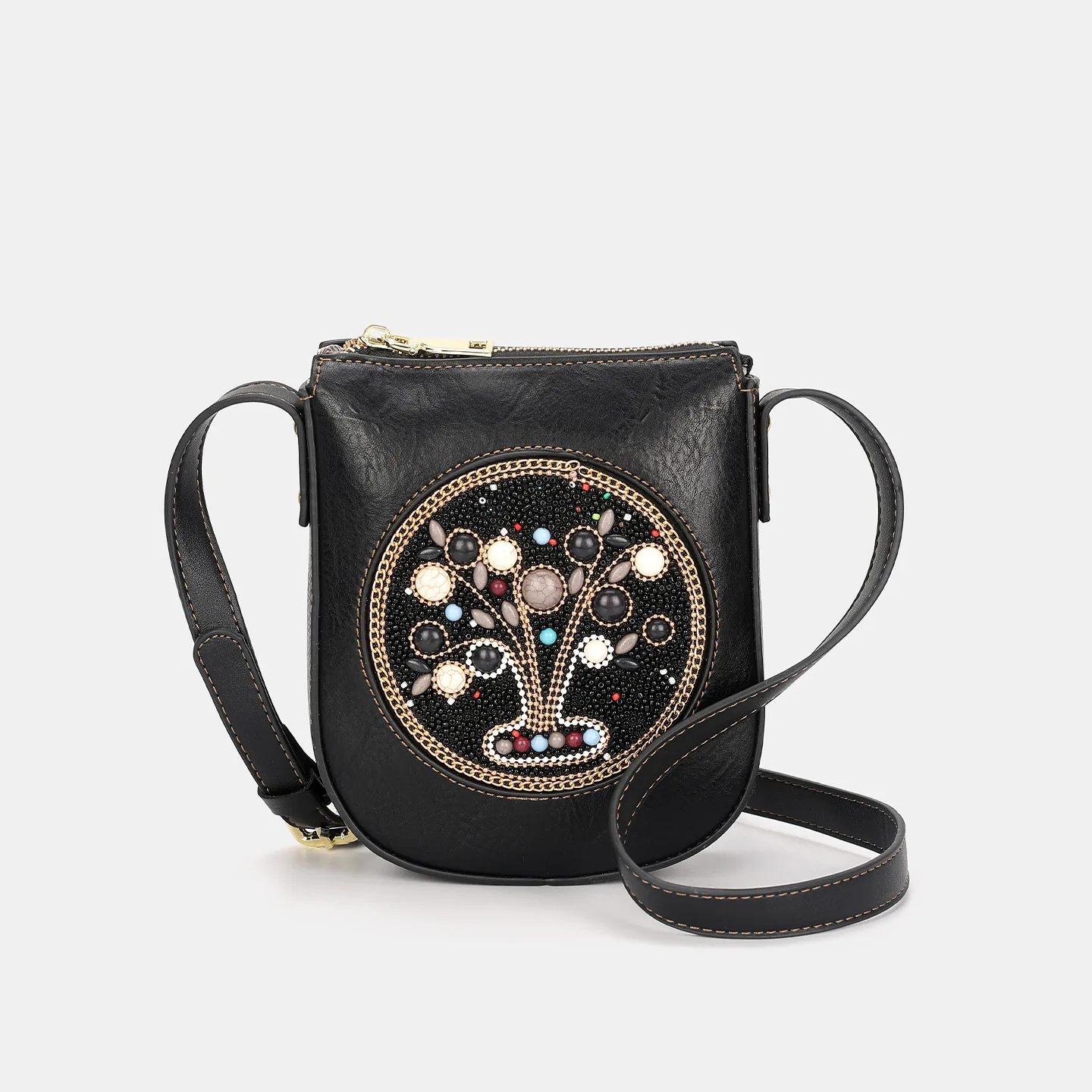 

Черная сумка через плечо «Древо жизни» с бисером, женская сумка через плечо в этническом стиле, черная маленькая сумка из искусственной кожи, мини-сумка в стиле бохо, сумка через плечо в этническом стиле в стиле бохо