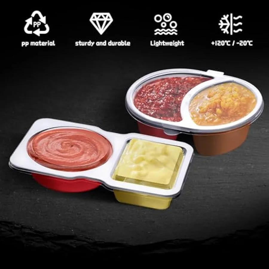 32 Sets Double Compartment Condiment Container Disposable 2 Compartment Snack Containers with Lids Reusable Plastic Double Cond