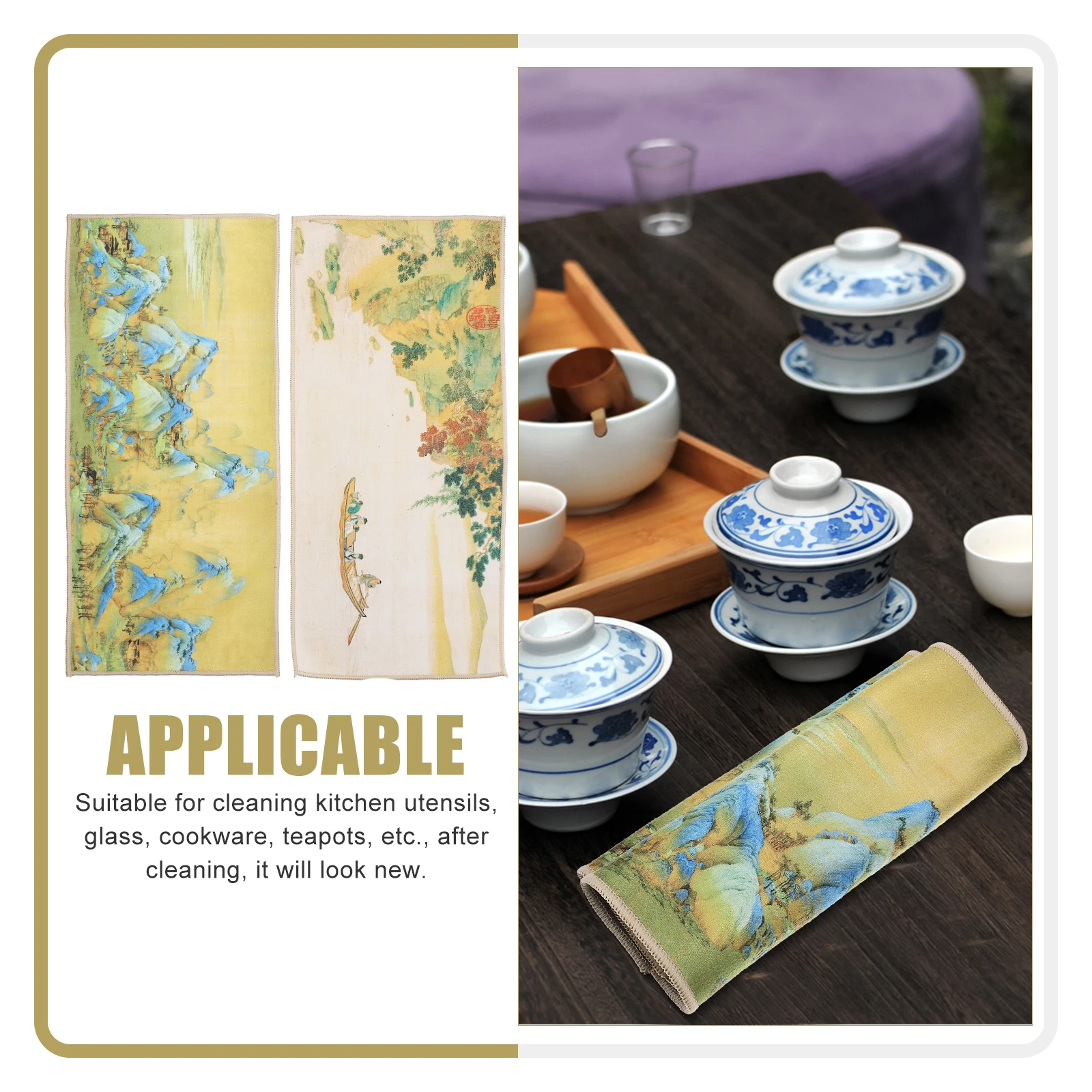 

2pcs Tea Chinese Style Coral Fleece Thickened Kitchen Towel For Dishware Glass Cleaning Multipurpose Household Mat Water