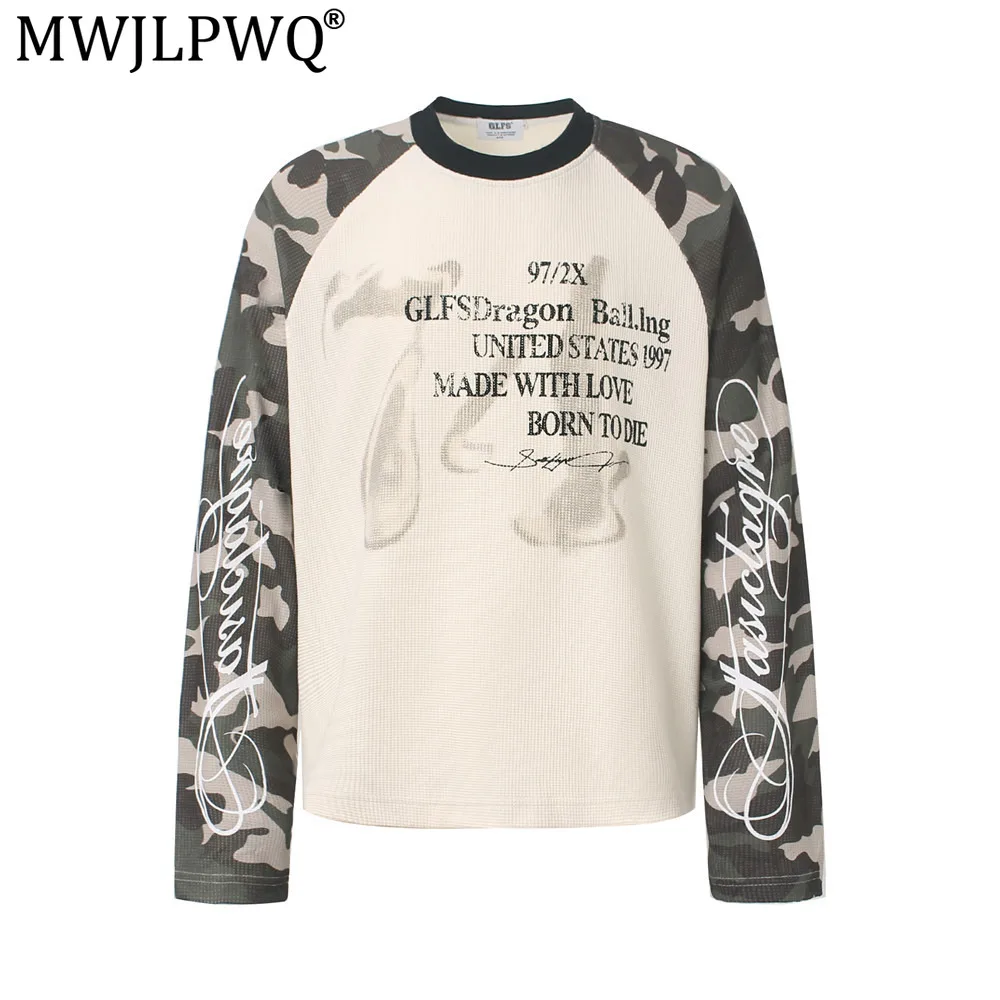 MWJLPWQ Camouflage Patchwork Color-Blocked Raglan Sleeve Long-Sleeve T-Shirt Men Ins Street Style Letter Print Tops Spring 20381