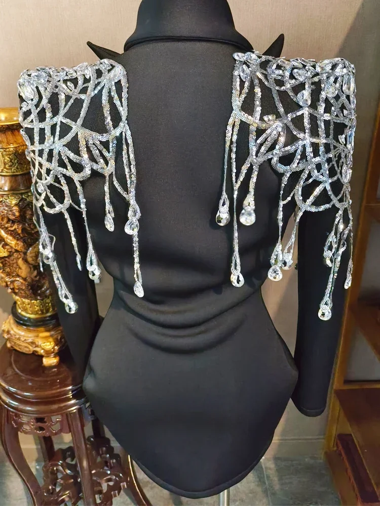 Traje negro de diamantes para mujer, chaqueta ajustada para cantante, vestido de espectáculo de escenario, disfraz de fiesta Drag Queen, regalo de cumpleaños