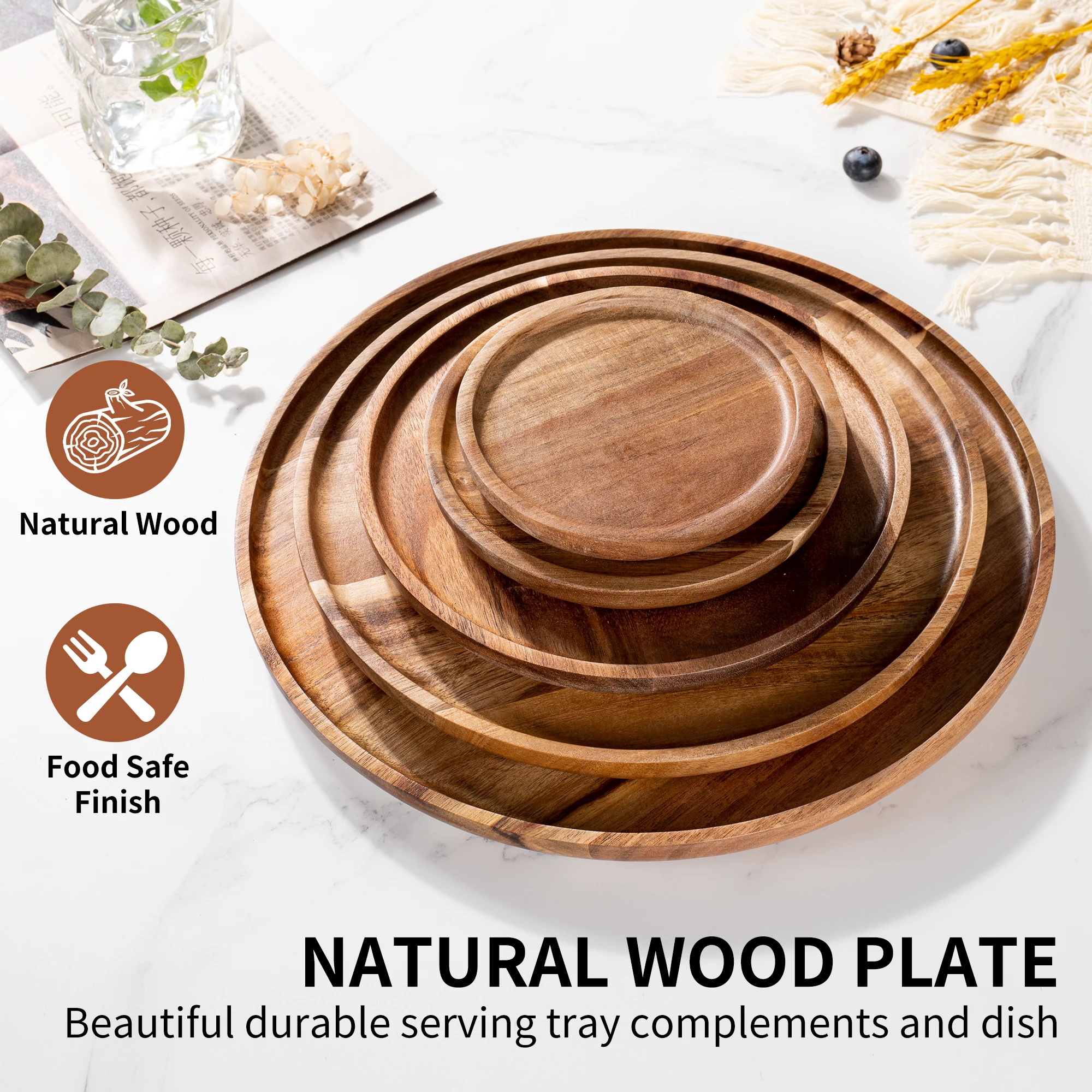 12.5/15/20/25/30 سنتيمتر طبق تقديم مستدير صينية السنط الخشب البيتزا طبق للسلطة الفاكهة الحلوى صينية الخبز كعكة الحاويات وجبات خفيفة طبق #4