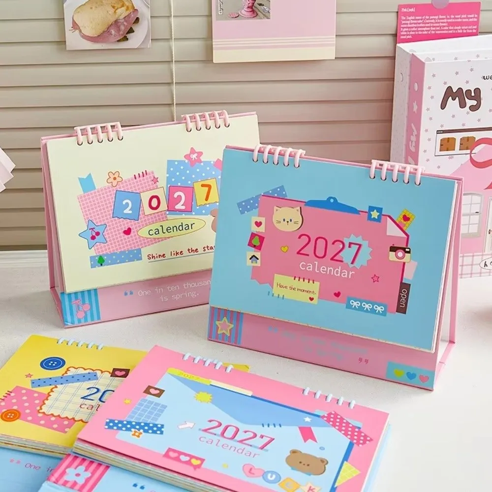 New Cartoon Bear 2027 Desk Calendar Collage Art Card Paper Standing Calendar Daily Schedule Note Planner Home Office