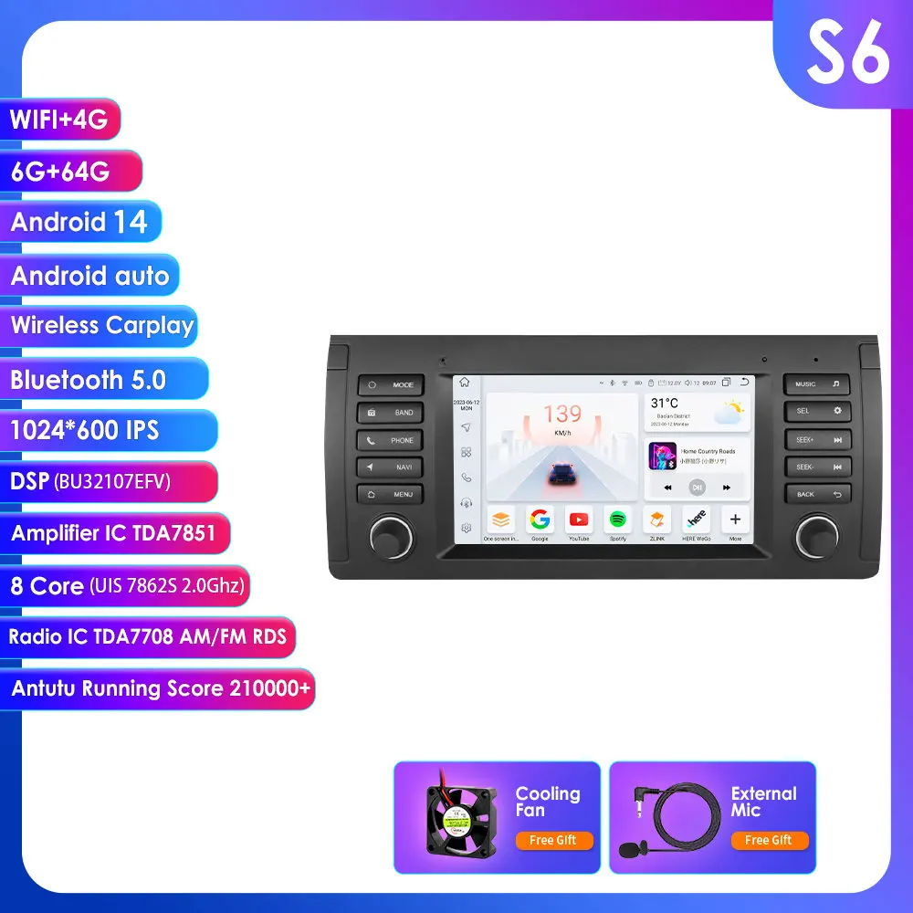 8GB 128GB Carplay 4G 7862 7Inch 2Din Android 14 Autoradio Multimedia voor BMW 5 Serie E39 X5 E53 M5 1996-2003 Nav RDS Stereo GPS