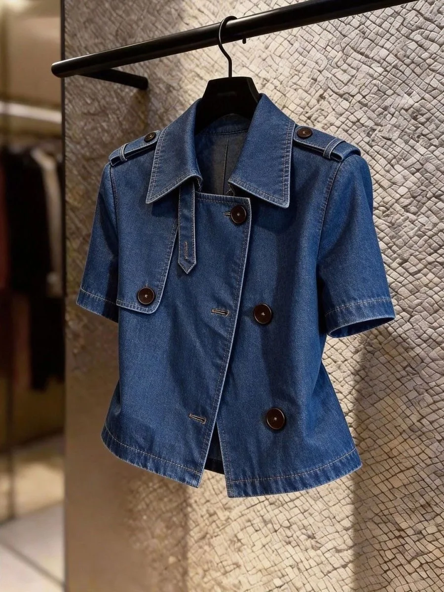 Retro British Style Button-Up Short Sleeve Denim Top Women's Casual Outerwear Summer New Arrival Polyester Fiber Loose Fit