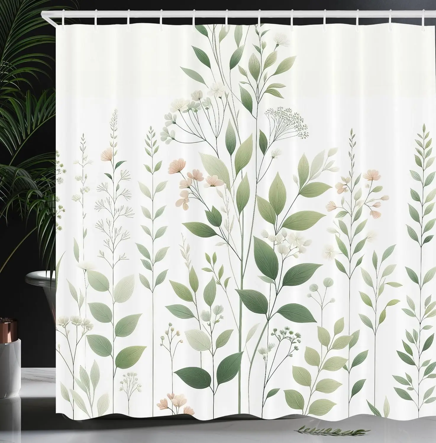 

Botanical Shower Curtain Green Leaves Floral Design Nature Inspired Bath Decor Waterproof Fabric Minimalist Home Interior