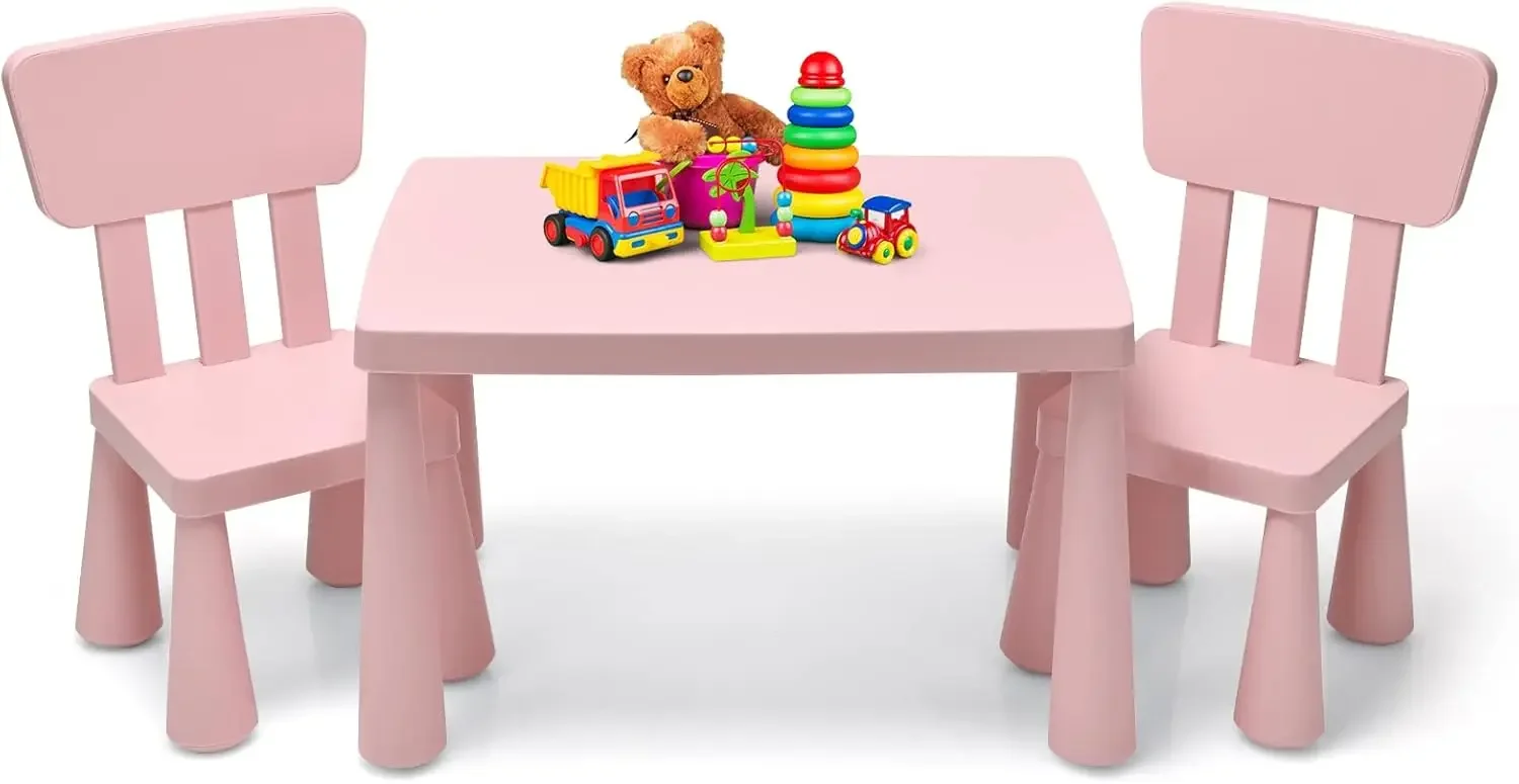 Kids Table and Chair Set, Plastic Children Activity Table and 2 Chairs for Art Craft, Easy-Clean Tabletop, 3-Piece Toddler F