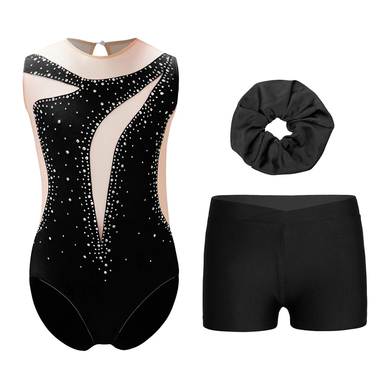 4Pcs Kinder Mädchen Gymnastik Eiskunstlauf Trikot Outfit Sheer Mesh Patchwork Glänzenden Strass Body Ballett Tanz Kostüm
