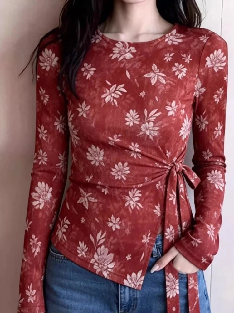 Women Summer Double Layer Mesh Long Sleeve T-Shirt Print Asymmetric Tie Sun Protection Top