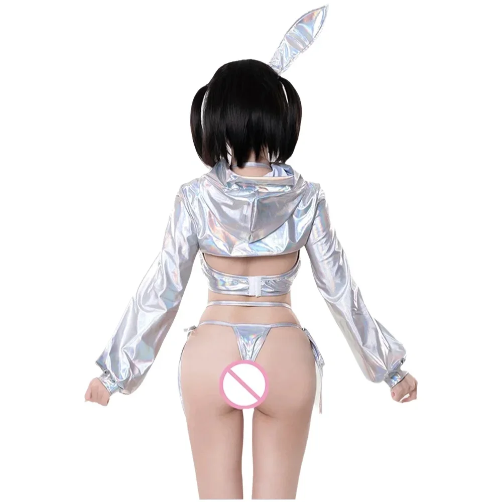 

XXOO Erotic Sexy Lingerie Anime Bunny Girl Cosplay Silver Laser Patent Leather Top Bikini Rabbit Girl Shiny Halloween Underwear