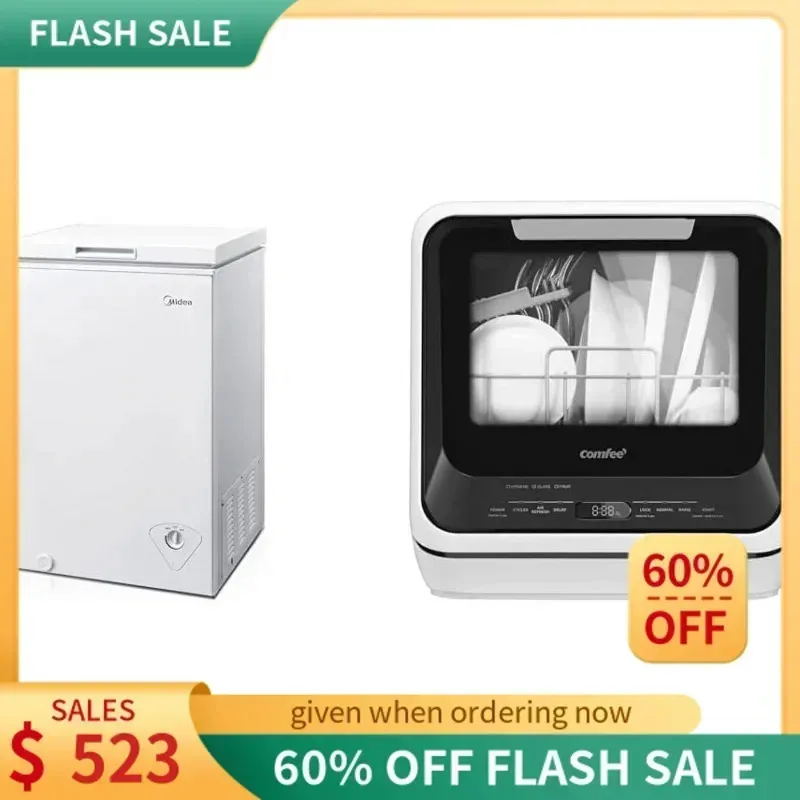 ECMidea MRC070S0AWW Chest Freezer & COMFEE' Portable Mini Dishwasher Countertop with 5L Built-in Water Tank for Apartments