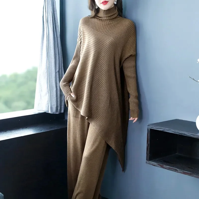 2024New Autumn Winter High-grade Long-Sleeved Knitted French Retro Sweater Two-Piece High-Necked Striped Wide-Leg Pants Set Lady