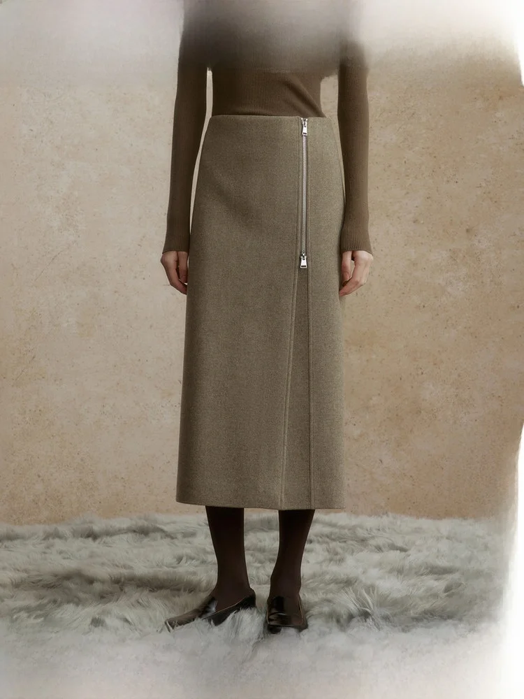 

ZhiZhi Vintage Zipper Straight Woolen Skirt Women's Warm Commute Winter Mid-Length A-Line Skirt High Waist Nylon 20%