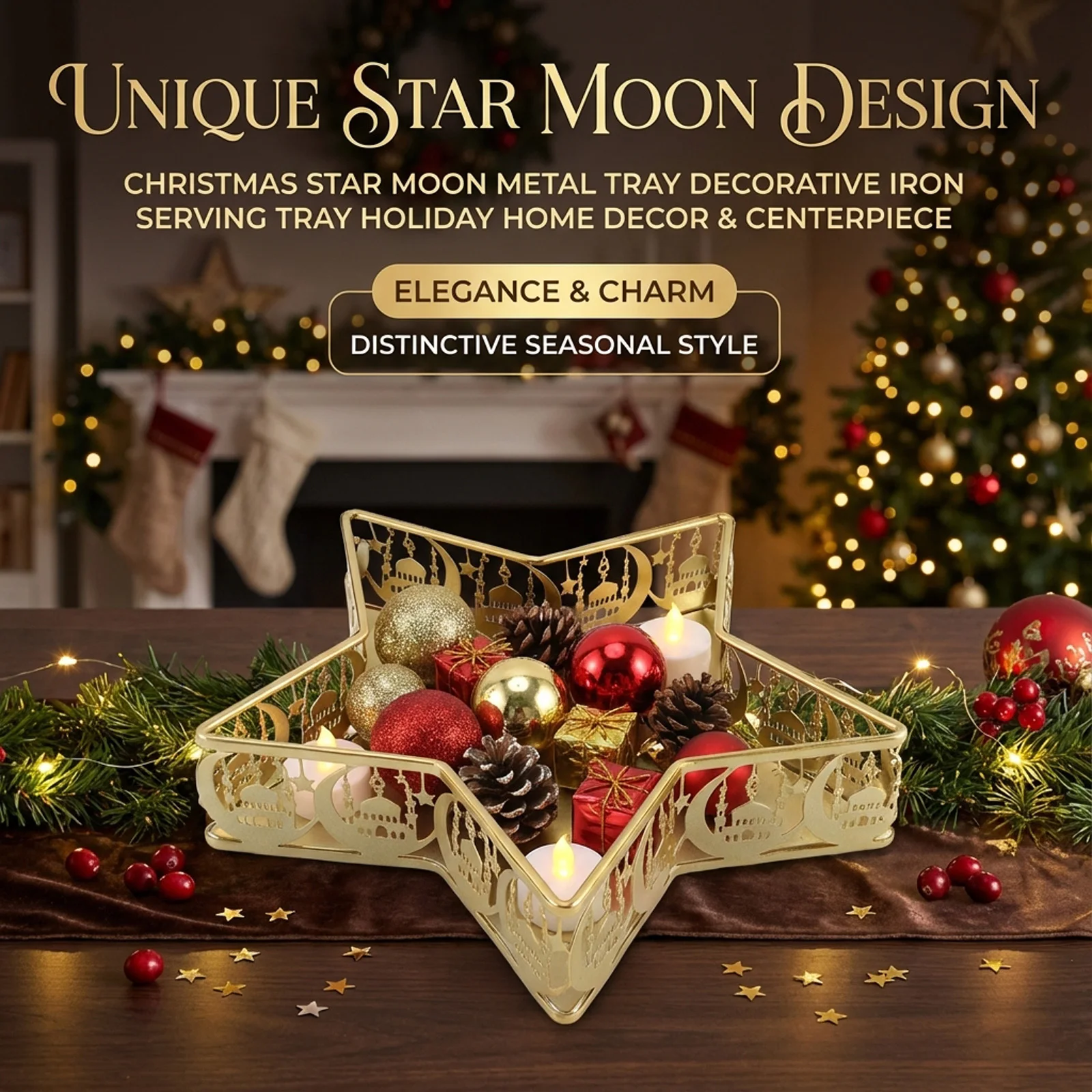 

Eid Mubarak Decor Tray Exquisite Golden Star Moon Element Organizer Plate For Fruit Dessert Candy Muslim Ramadan Decorations