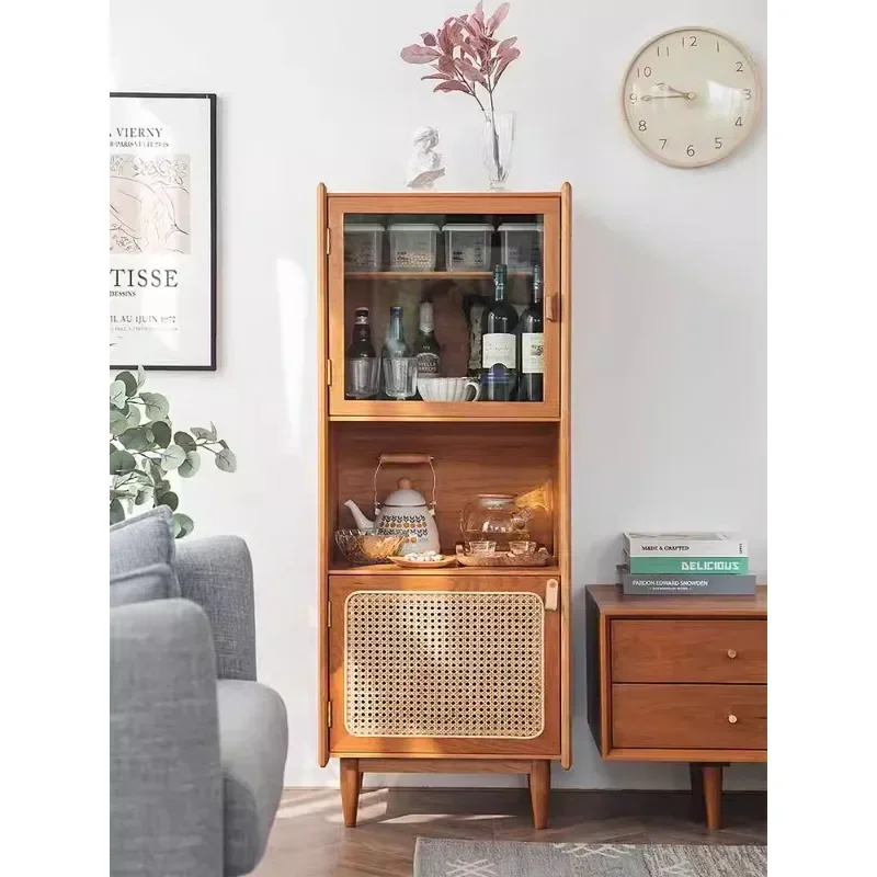 Small size rattan narrow dining side  integrated wine cabinet wall locker small apartment solid wood ultra-thin tea cabinet