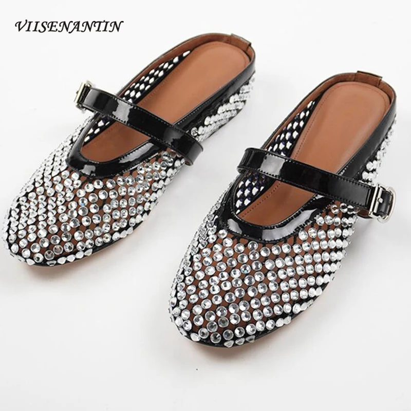 

Glitter Crystal Decor Mesh Hollow Flat Half Slippers Women Round Toe Slip on Mary Janes Slides Comfort Casual Outside Slippers