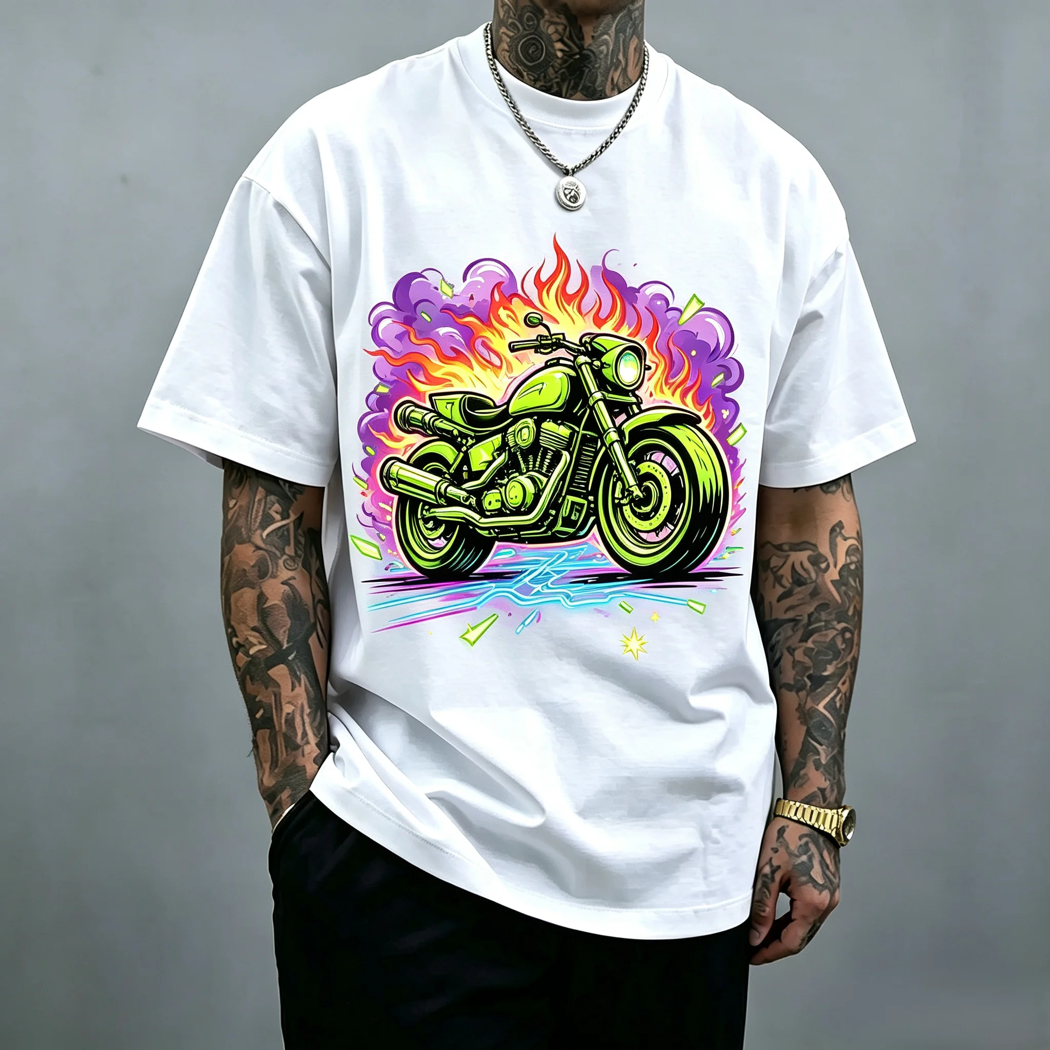 Fluorescent Green Vintage Cruiser Motorcycle Colorful Smoke Flame Graphic T Shirt Unisex Men Women Oversized Front Print Motorbike Biker Streetwear Tops
