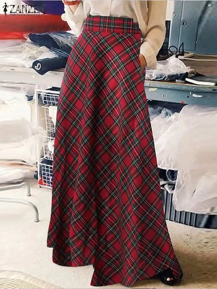 ZANZEA Fashion Christmas Clothes Holiday Faldas Saia Vintage Plaid Checked Long Skirts Women Autumn High Waist Party Maxi Skirt