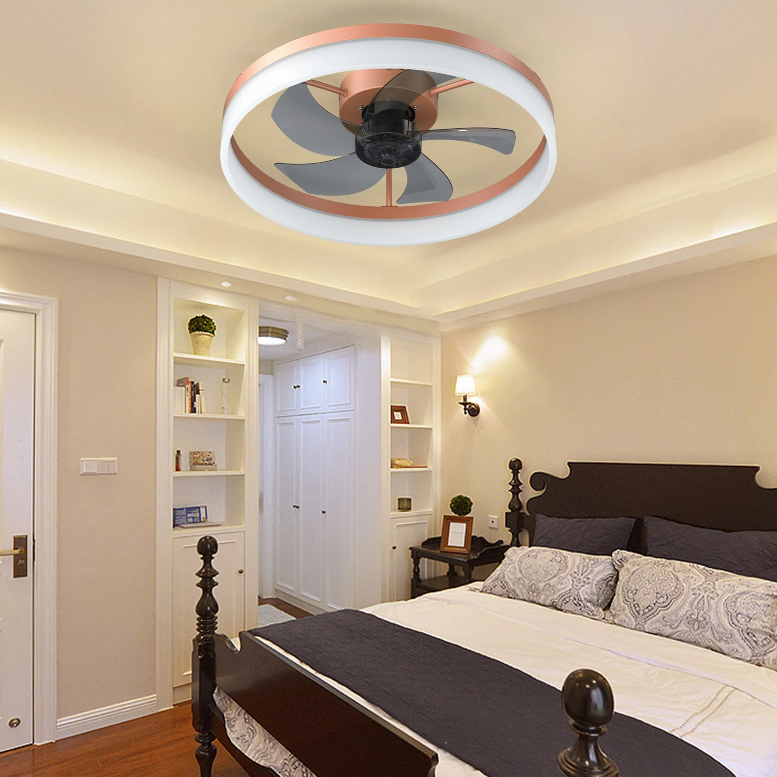 Modern Ceiling Fan with LED Light, Low-Profile Flush Mount,6-Speed Adjustable, Ideal for Bedroom and Living Room （Rose Gold）