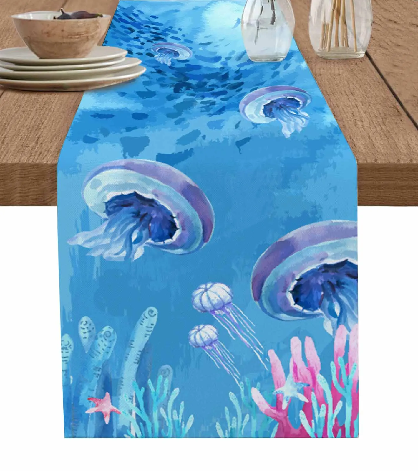 

Ocean Coral Starfish Jellyfish Shoal Summer Table Runners For Dining Room Tablecloth 4/6 Pcs Placemats Table Cover