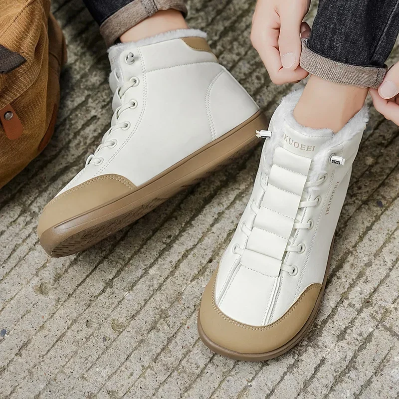 Men Cotton Shoes Outdoor Casual Shoes Winter Plush Warm Minimalist Barefoot Shoes Leather Wide Toe Zero Soles Walking Sneakers