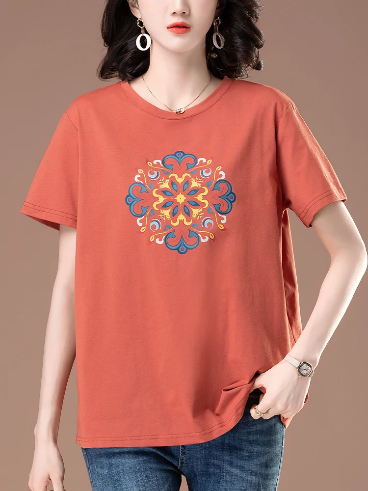 

plus Size Loose ort Sve T-irt Women's Summer New Sle Mom's Faion Casual Cotton Polyester Printed round Ne Top