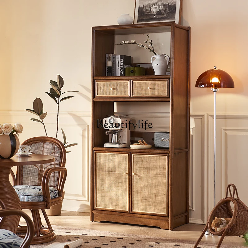 New Chinese Style Solid Wood Rattan Sideboard Cabinet Small Apartment with Drawer Large Capacity Storage High Cabinet