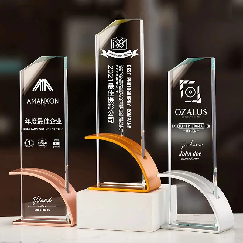 

Customized Metal Crystal Trophy Gold, Silver, Bronze Honor Medal DIY Personalized LOGO Name Glass Awards Keepsake Home Decor