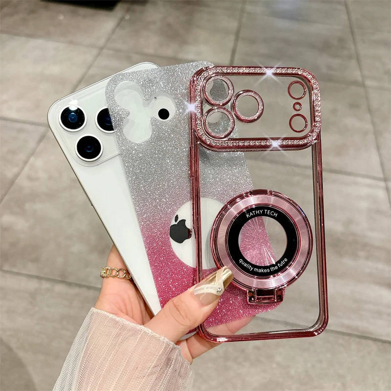 حافظة هاتف شاملة متدرجة ملونة من الألماس الصناعي مع حامل ورق لامع لهاتف iPhone 17 17 Pro 17 Air 17 Pro Max