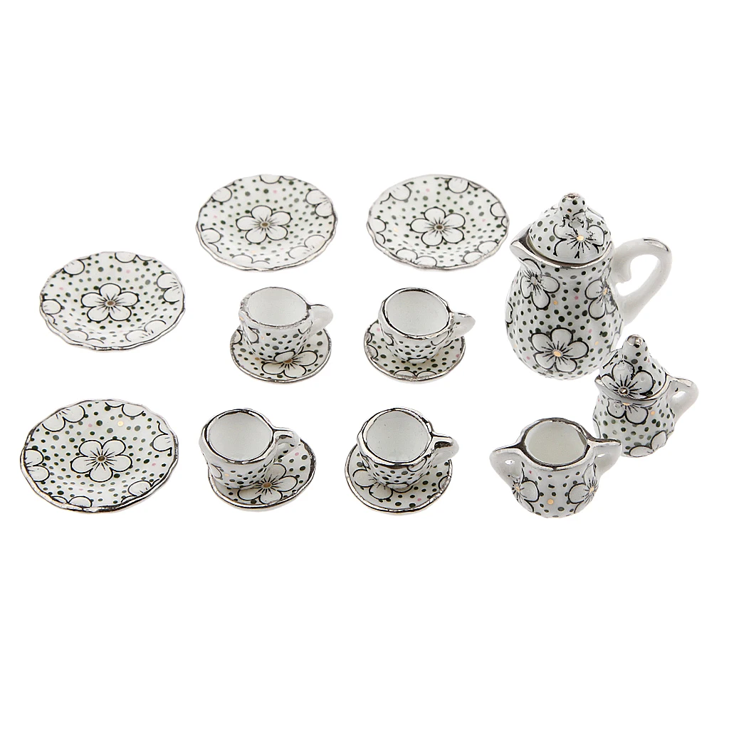 Porcelain Tea Set Dolls House Miniature Tableware Dollhouse Kitchen Accessories for 1 12 Scale Decorative Model