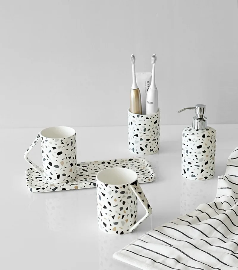 Nordic Simple Ceramic Terrazzo Bone China Wash Teeth Mouthwash Cup Toothbrush Cup Set for Household Use