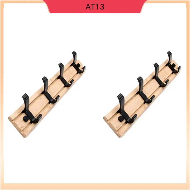 

AT13 2X Coat Rack Wall Mount Coat Hooks - Wooden Black Coat Rack With 4 Hooks Wall Hooks