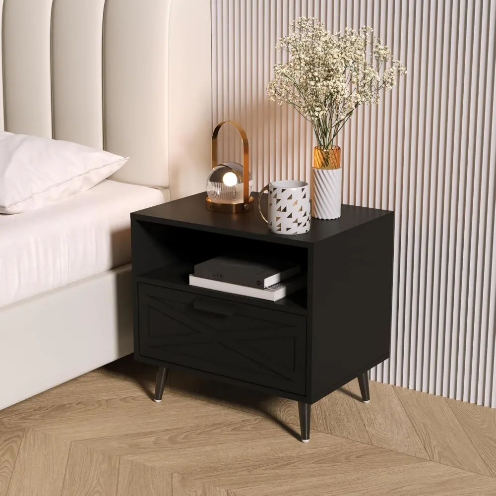 منضدة خشبية معاصرة مع درج ورف للتخزين بجانب السرير