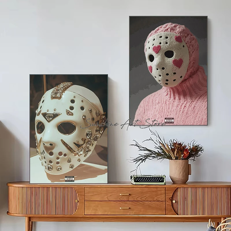 Horror Maske Pink Luxury Jason Crystal Jason Glam Horror Art Preepy Trendy Poster Canvas Painting Wall Pictures Home Room Decor