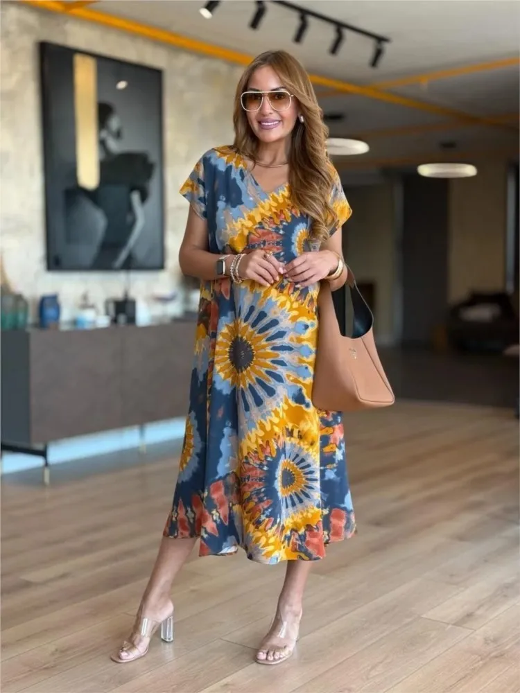 فستان نسائي صيفي بنمط عرقي أنيق بأكمام قصيرة مطبوع أنيق فستان فضفاض غير رسمي فساتين حفلات المكتب والعطلات