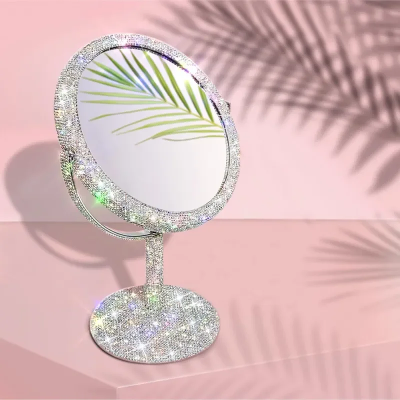 Luxury Rhinestone Vanity Mirror Double Sided Folding Desktop Makeup Mirror Rotating Diamond Encrusted Beauty Mirror Gift For