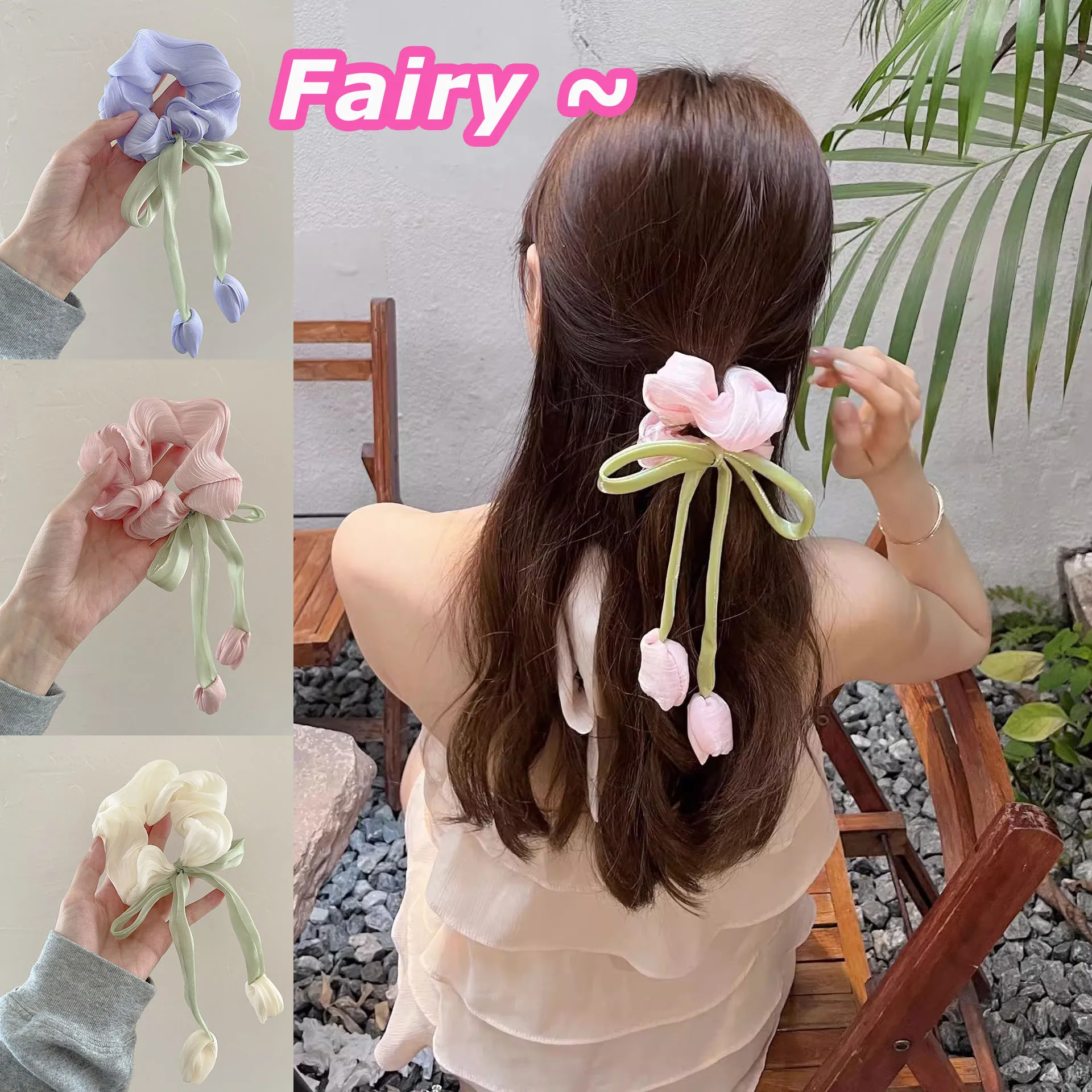 Sweet Gentle Women Tulip Flowers Ribbons Hair Scrunchies Fairy Bowknot Streamers Hair Ribbons Ponytail Holder Hair Accessories