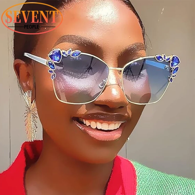 

Sexy Cat Eye Square Rhinestone Sunglasses Women 2024 Luxury Brand Stylish Metal Frame Shades Vintage UV400 Sunglass For Ladies