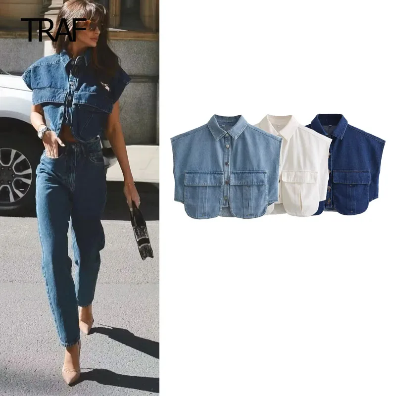 TRAF Denim Crop Top Summer Women\'s Tops 2023 Tank Sleeveless Lapel Collar Aesthetic Top Designer Korean Style Top Women Luxury