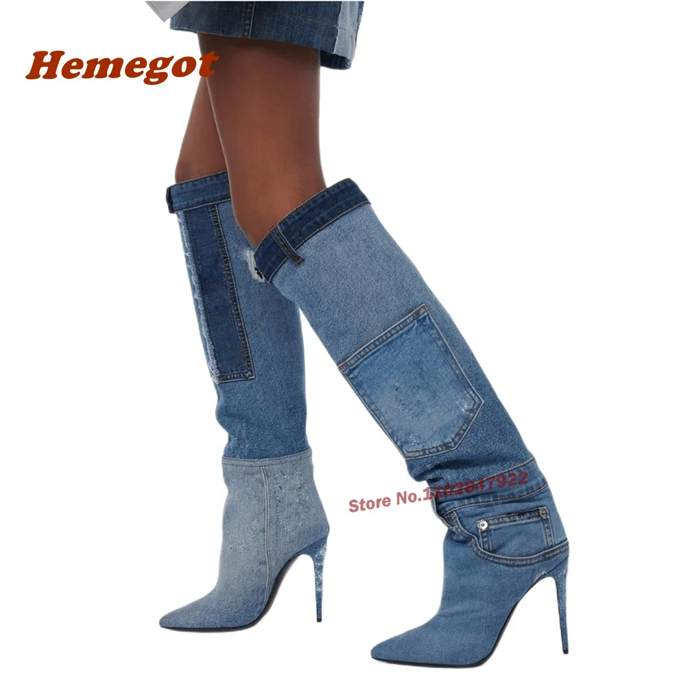 

High Heels Denim Blue Boots Pocket Design Pointed Toe Over The Knee Boots Stiletto Slip On Fringe Winter Shoes for Women Runway