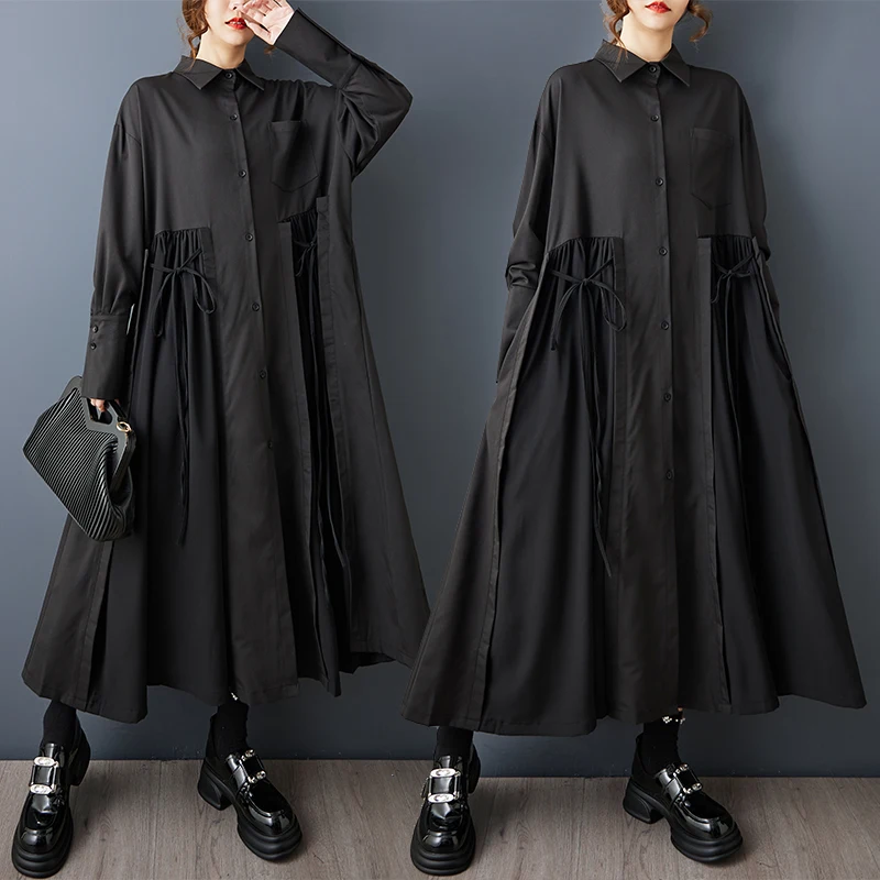 Vestido Csa de Manga Longa com Caimento Solto, Cintura Alta, Barra Assimétrica, Estilo Escuro, Casual, Moda Fena para ...