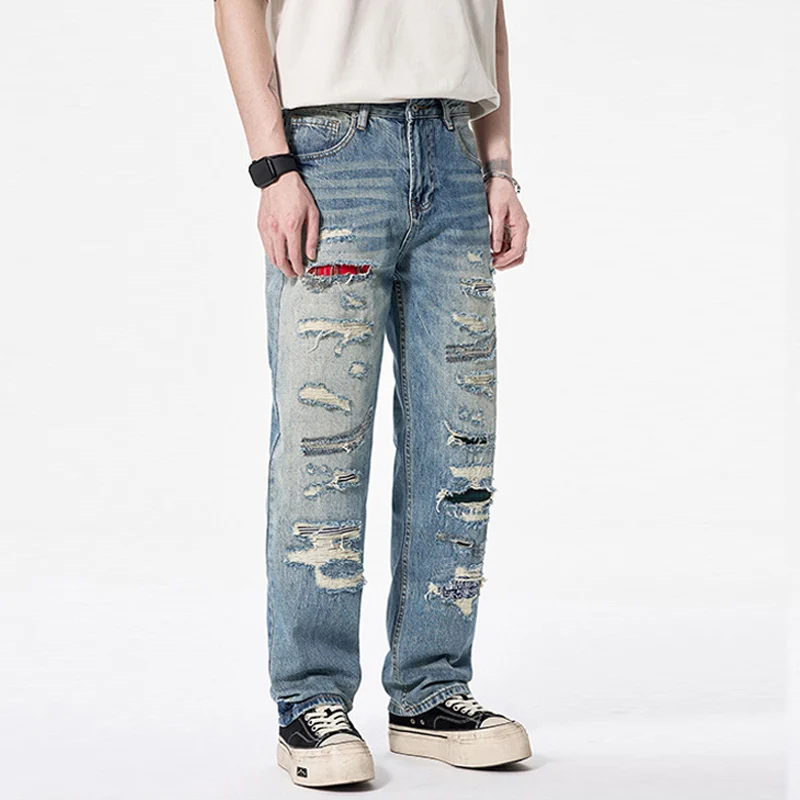 Street Designer Fashion Men Jeans Retro Blue Straight Fit Hole Patched Ripped Jeans Men Hip Hop Y2K Vintage Baggy Denim Pants
