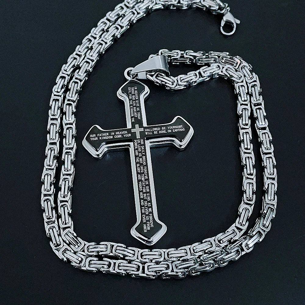 Vintage Christian Bible Text Stainless Steel Cross Pendant Necklace Punk Fashion Biker Amulet Men\'s Chain Necklace Jewelry Gift